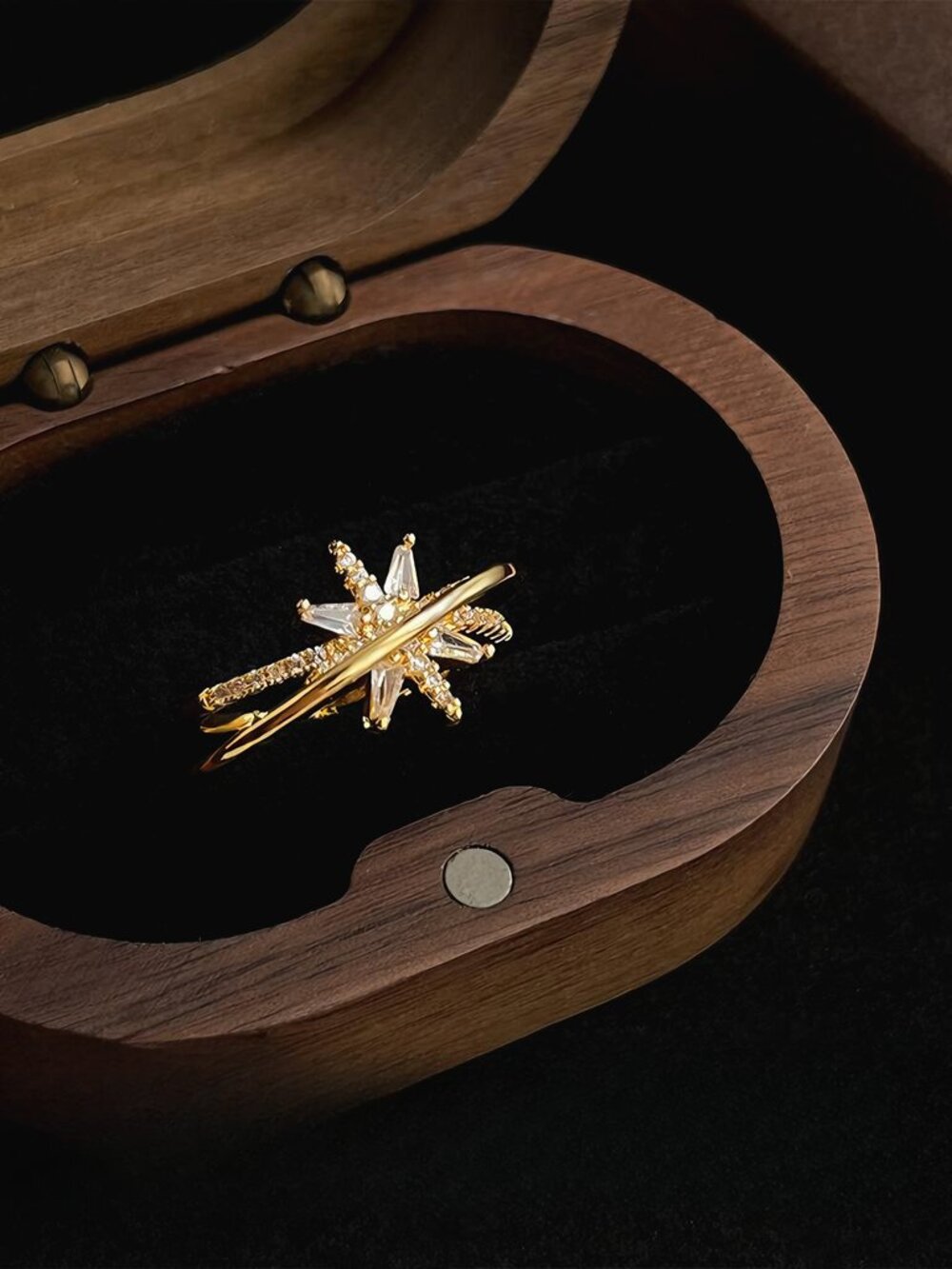 Gold Starburst Criss Cross Statement Ring Sparkle Chic Minimalist Adjustable